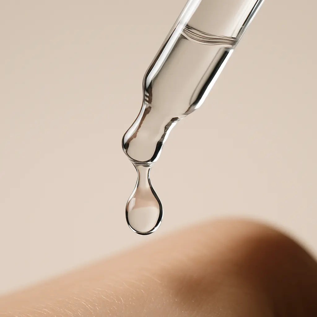 Glass dropper with a drop of clear liquid over skin on a beige background