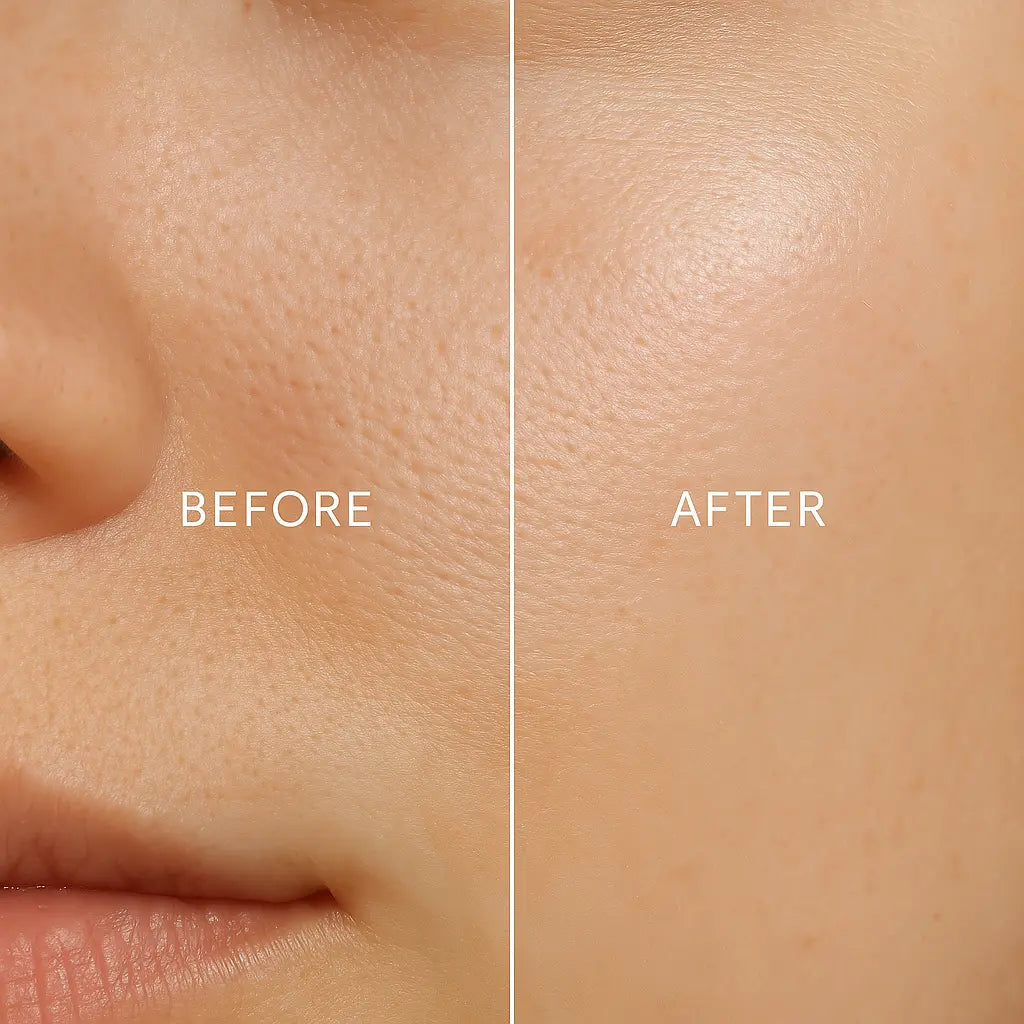 Before and after comparison of skin texture on a person's face.